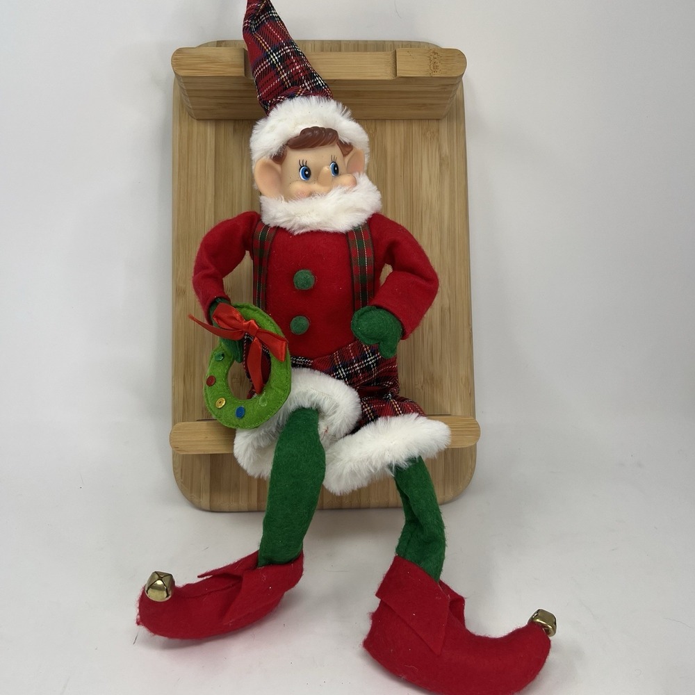 Vintage‎ Elf Doll Shelf Sitter Christmas Holiday Decor Plaid Bells On Feet 19"
